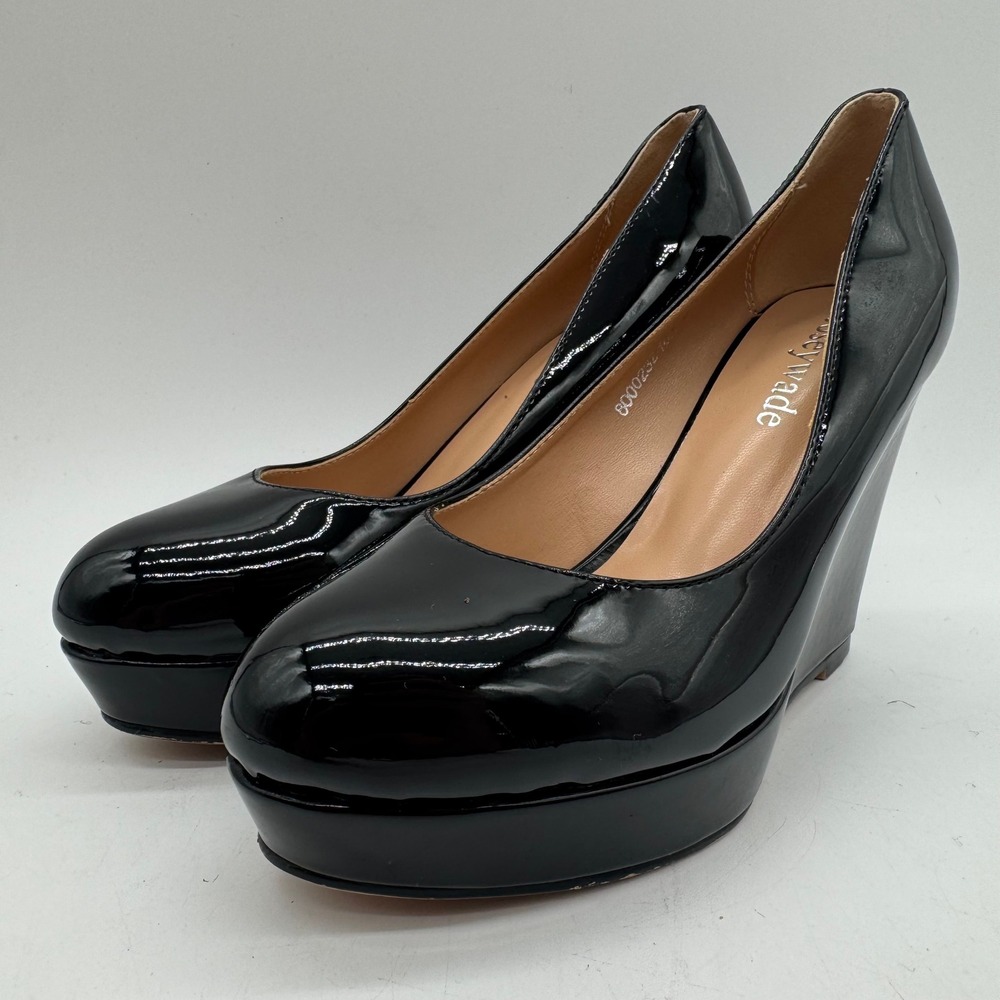 Joseywade Wedge Pumps Womens US 7 Black Glossy Platform Round Toe Slip On Heels
